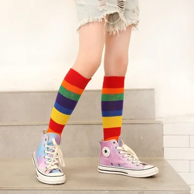 Girls' mid-calf socks, spring and winter rainbow cotton dance socks, student and baby knee-high stockings, children's pile stockings