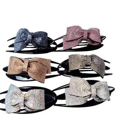 مشابك شعر شريطية للنساء، قماش مصنوع يدويًا بالألماس الساخن، القوس وحجر الراين ومشابك مستقيمة، إكسسوارات شعر بسيطة