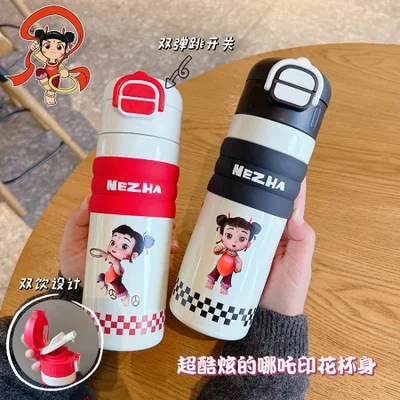 New children's insulated cup, 316 stainless steel food-grade water cup for primary school students, double-drinking straw travel cup