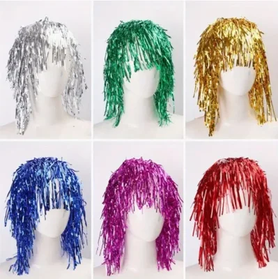 New cross-border creative festival decoration, fun PET colored metal encrypted wig, funny props for parties and gatherings
