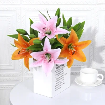 Simulated 3D printed lily PU film with a 3-head feel for wedding, living room and bedroom decoration, photography ornaments wholesale