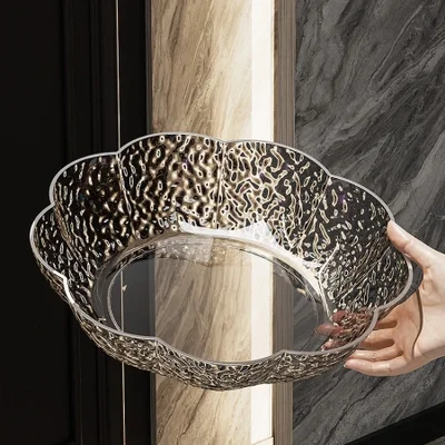 طبق فاكهة جديد من مادة PET، طبق للوجبات الخفيفة، طعام يومي منزلي على الطراز الصيني وطبق فاكهة على شكل زهرة للمطبخ مع شعار ليزر