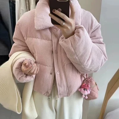 Lapel corduroy down jacket for women, 2025 winter fashion, sweet, petite, warm white duck down bread jacket jacket