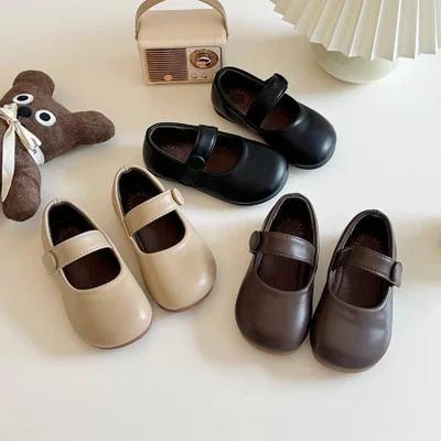 Girls' Korean retro forest-themed small leather shoes for Spring and autumn 2024, new children's Velcro princess shoes with soft soles