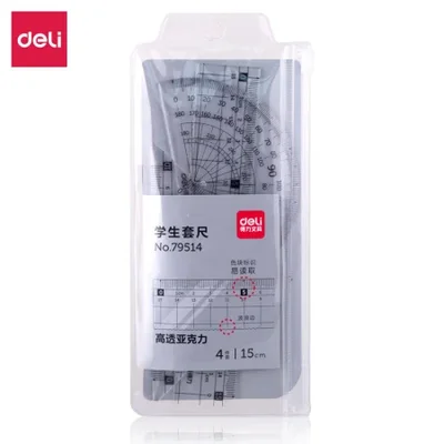 deli79514 high-transparency acrylic student ruler, straightedge, triangular ruler, protractor, multiple specifications transparent