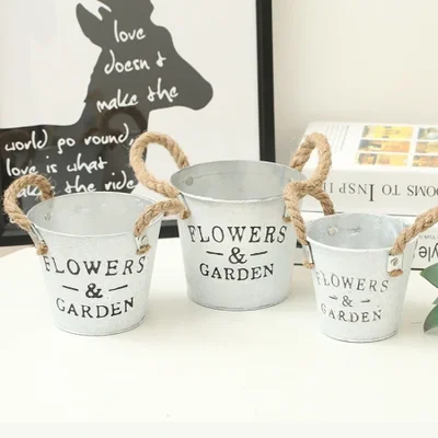 Small, retro, aged and whitewashed iron flowerpot bucket for balcony and desktop decoration, succulent plant letter iron flowerpot