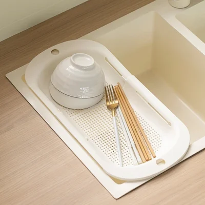 Z91- سلة تصفية مياه تلسكوبية مزدوجة الطبقة، سلة تصريف منزلية مزدوجة الطبقة، حوض غسيل خضروات المطبخ متعدد الوظائف، بلاستيك