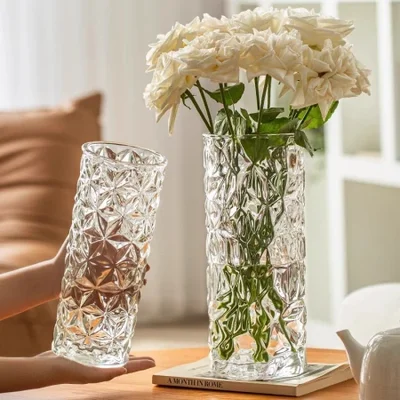 Light luxury glacial-patterned glass vase, transparent thickened, creative large living room lucky bamboo flower dining table decoration