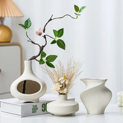 مزهريات فخارية خشنة بسيطة وأنيقة على الطراز الصيني، مزهريات زهور خزفية مبتكرة على طراز وابي سابي، زخارف زخرفية لمكتب المبيعات في غرفة نموذج الإقامة المنزلية