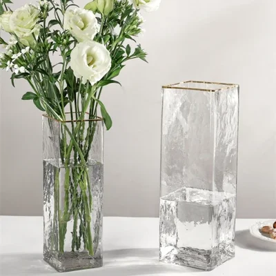 European-style simple hammer-patterned square gold-edge glass vase, Ins home decoration living room model room flower arrangement