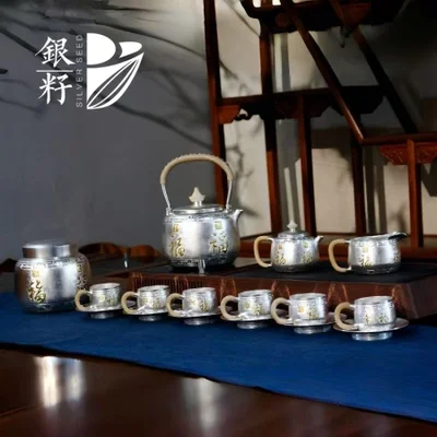 مجموعة الشاي الخمسة من الفضة الخالصة للأباطرة الخمسة مصنوعة يدويًا ونبيلة وأنيقة