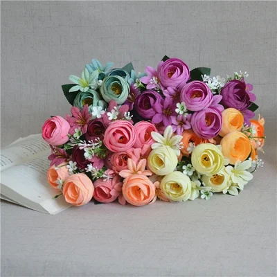 5-head tea flower buds, autumn colors, snowflake cloth, small bouquets of European-style artificial flowers, wholesale silk flower sets, assembly flowers, wedding flower arrangements