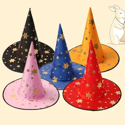Halloween five-star hat, Halloween decoration and costume props, party props, magician pointed hat, printed hat