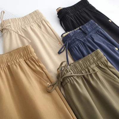 سراويل صيفية صغيرة للنساء، سراويل من الحرير الجليدي سريعة الجفاف، خصر ورأس مربعات، سراويل كاجوال رياضية رفيعة، سراويل متعددة الألوان ذات تسع نقاط للنساء