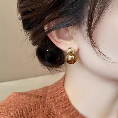 Brass electroplated with 18K real gold, S925 acetic acid, Maillard color series, Korean version, fashionable, casual, versatile and not picky about people