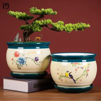 أصيص زهور سيراميك كبير الحجم جديد من Jiehang مع صينية، أصيص زهور فالاينوبسيس لشرفة المنزل الإبداعي، أصيص زهور عصاري قابل للتنفس