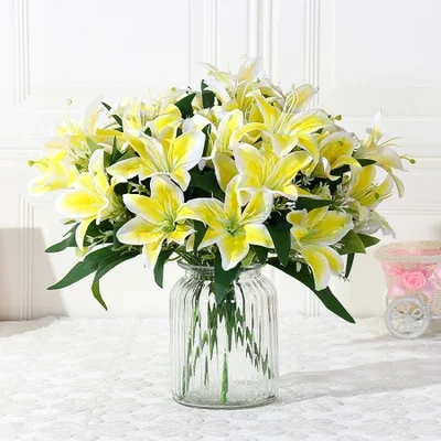 7-head artificial lily silk flower bouquet, living room dining table arrangement, flower art, artificial flower vase, flower arrangement, indoor decoration flowers