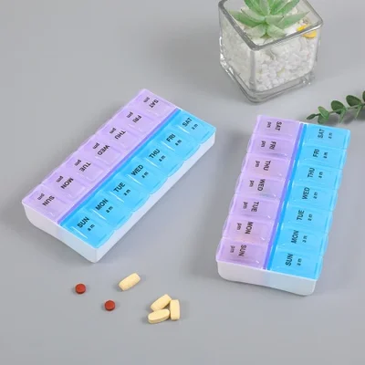 صندوق دواء صغير محمول مقسم إلى صف مزدوج، صندوق دواء محمول ذو سعة كبيرة لمدة سبعة أيام وأسبوع واحد، صندوق تخزين دواء بغطاء مفتوح مكون من 14 حجرة