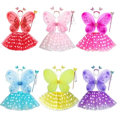 Foldable butterfly wing four-piece children's puffy skirt set is selling well across borders. Wholesale of folding angel wings