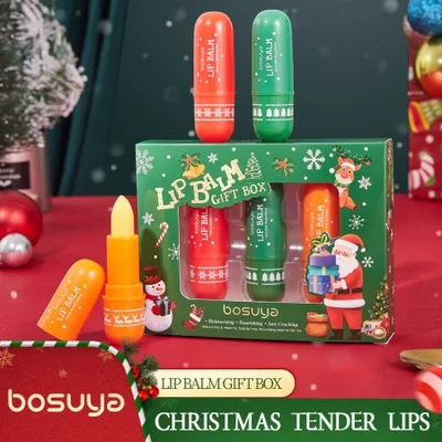 【 Cross-border Exclusive 】bosuya Christmas Lip Balm Set: Exfoliating, Reducing Lip Lines, Hydrating and Moisturizing Lip Balm