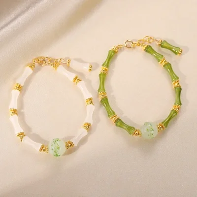 Forest-style fresh and light bamboo pattern cat's eye beaded bracelet, ancient-style golden thread jade bamboo joint bracelet, single-loop classical Chinese style jewelry