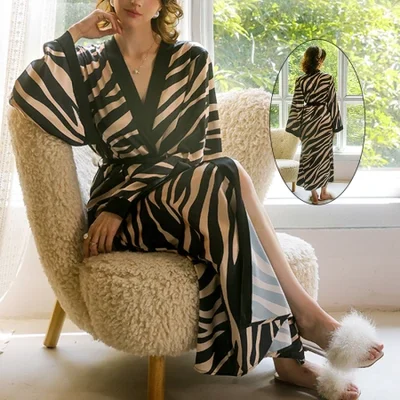 Feiyun French Silk lace-up Long Light Luxury Home wear, French retro zebra print long-sleeved bathrobe for women, 211