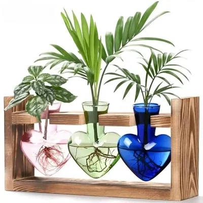 Cross-border creative wooden frame hydroponic vase, colorful heart-shaped transparent glass vase container, home decoration flower arrangement piece