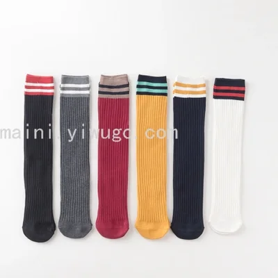 جوارب عالية الفخذ للأطفال على الطراز الكوري، جوارب قطنية مزدوجة الشريط للأطفال مخططة بشريط مستقيم بطول الركبة للفتيات