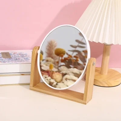 مرآة مكياج خشبية جديدة، مرآة تجميل عالية الوضوح على الوجهين قابلة للدوران 360 درجة، مرآة مكياج بسيطة لشاشة سطح المكتب