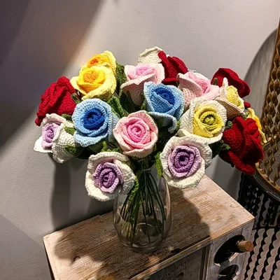 In stock, there are cute baby yarn wine glasses, rose wool yarn knitted rose bouquets, hand-woven eternal flower wool yarn flower simulations