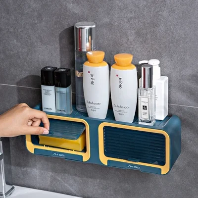 ستائر منزلية، صندوق صابون، صندوق تصريف مزدوج الصف مثبت على الحائط غير مثقوب، رف تخزين، صندوق تخزين صغير متعدد الوظائف