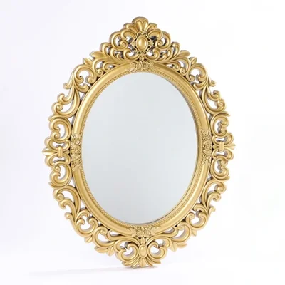 مبيعات المصنع مباشرة من مرايا الحمام الرجعية على الطراز الأوروبي، مرايا ديكور المنزل الذهبية المنحوتة البيضاوية، المرايا المزخرفة المثبتة على الحائط